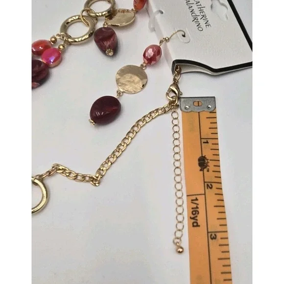 Catherine Malandrino Adj Necklace Earrings Set Layered Pink Iridescent Gold Tone - Picture 9 of 9